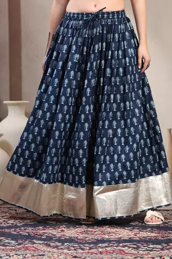 Blue graphic printed cotton flared maxi skirt for women