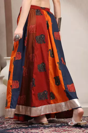 Multicolor color blocked cotton flared maxi skirt for women