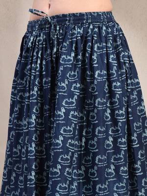 Blue graphic printed cotton flared maxi skirt for women 4