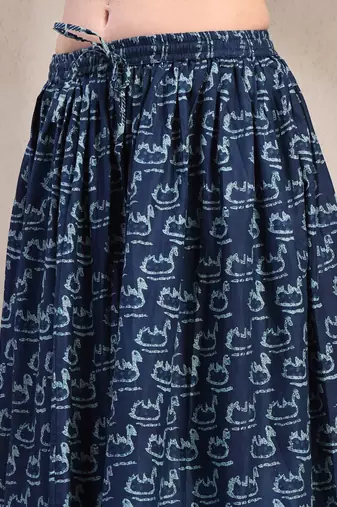 Blue graphic printed cotton flared maxi skirt for women