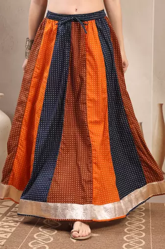 Multicolor color blocked cotton flared maxi skirt for women