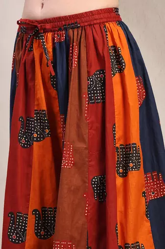 Multicolor color blocked cotton flared maxi skirt for women