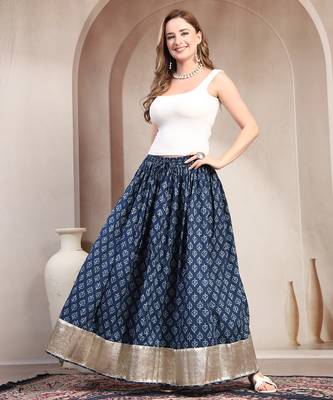 Blue floral printed cotton flared maxi skirt for women 1