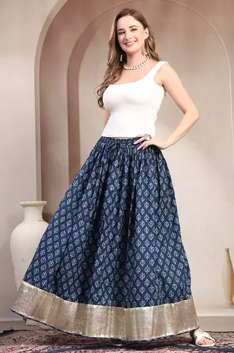 Blue floral printed cotton flared maxi skirt for women