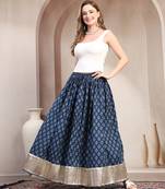 Blue floral printed cotton flared maxi skirt for women