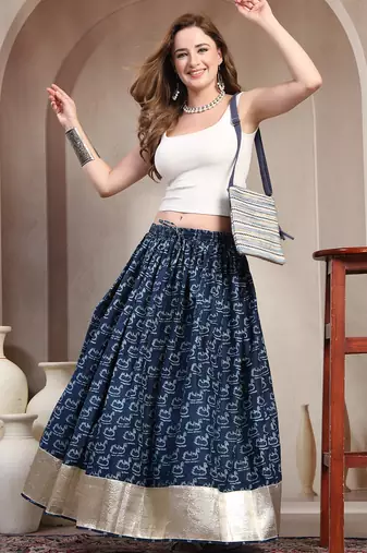 Blue graphic printed cotton flared maxi skirt for women