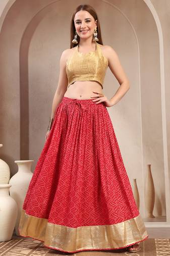 Red printed cotton flared maxi skirt for women