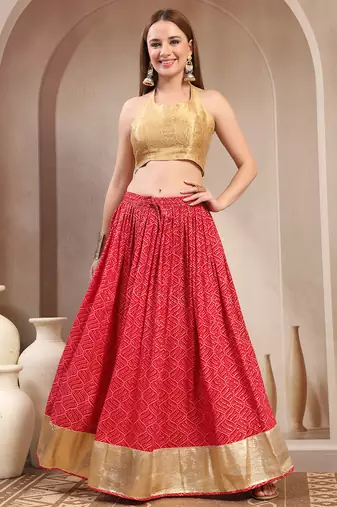 Red printed cotton flared maxi skirt for women