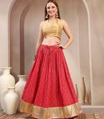 Red printed cotton flared maxi skirt for women