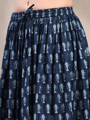 Blue graphic printed cotton flared maxi skirt for women 4