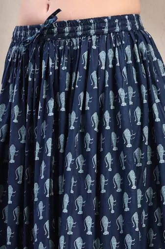 Blue graphic printed cotton flared maxi skirt for women