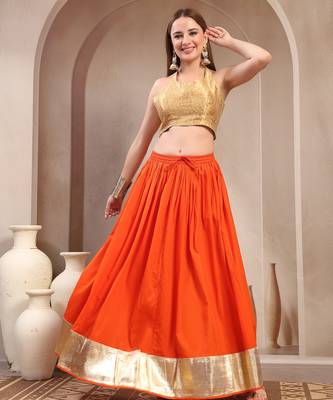 Orange plain cotton flared maxi skirt for women 1