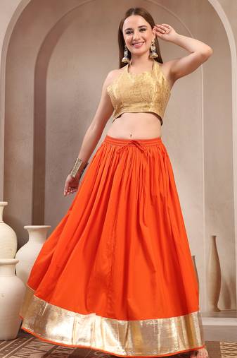 Orange plain cotton flared maxi skirt for women