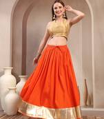 Orange plain cotton flared maxi skirt for women