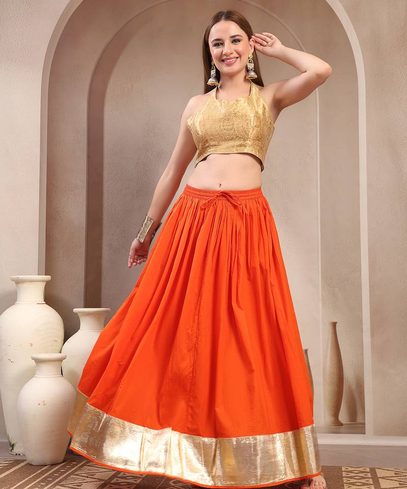 Orange plain cotton flared maxi skirt for women