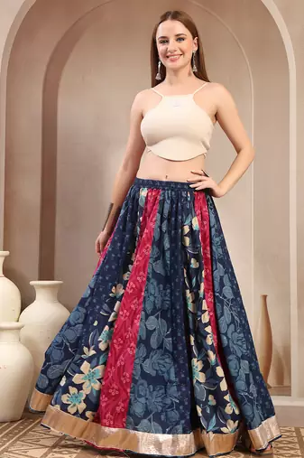 Multicolor color blocked cotton flared maxi skirt for women