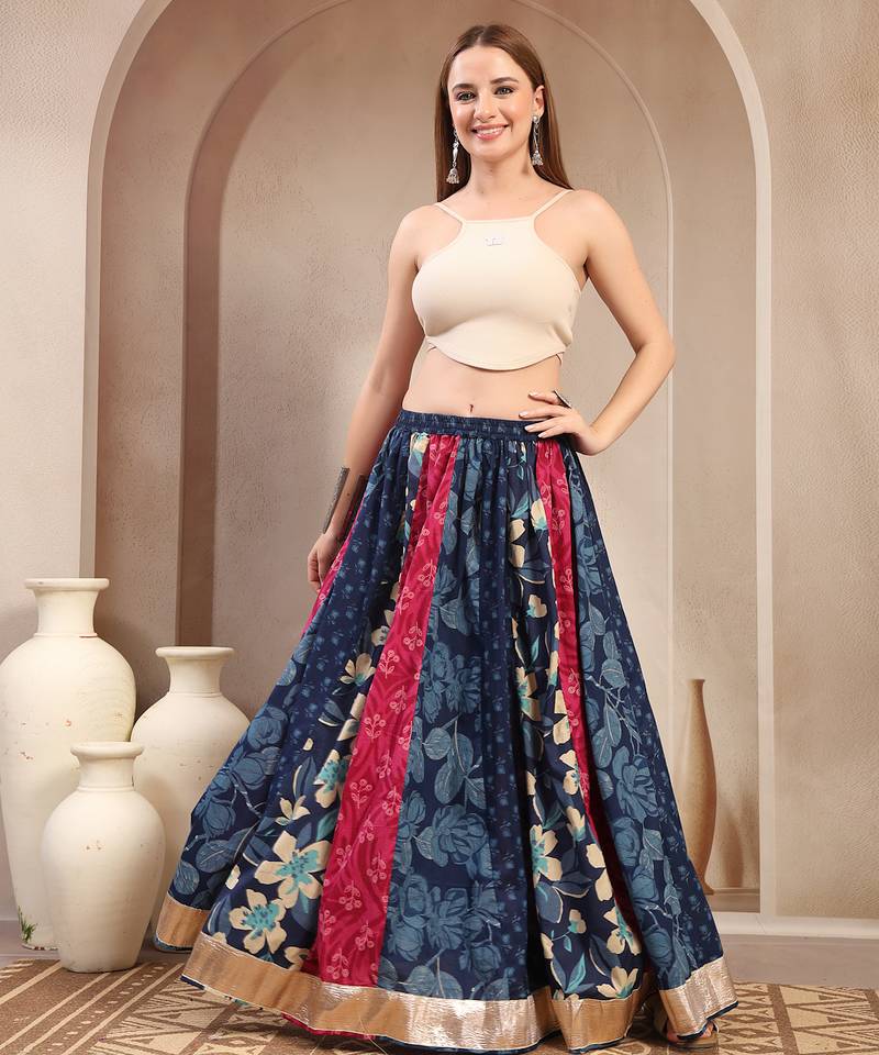 Multicolor color blocked cotton flared maxi skirt for women