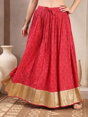 Red printed cotton flared maxi skirt for women 2