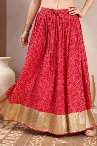 Red printed cotton flared maxi skirt for women