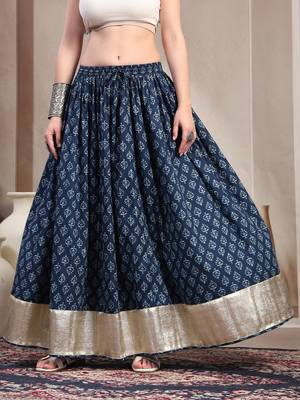 Blue floral printed cotton flared maxi skirt for women 2