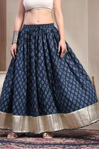 Blue floral printed cotton flared maxi skirt for women