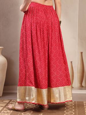Red printed cotton flared maxi skirt for women 3