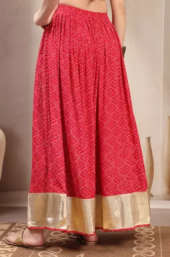 Red printed cotton flared maxi skirt for women