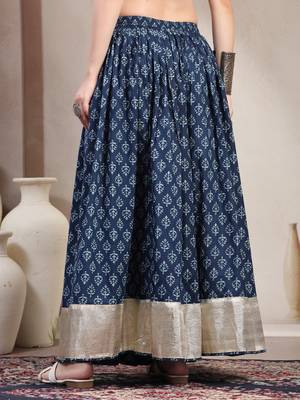 Blue floral printed cotton flared maxi skirt for women 3