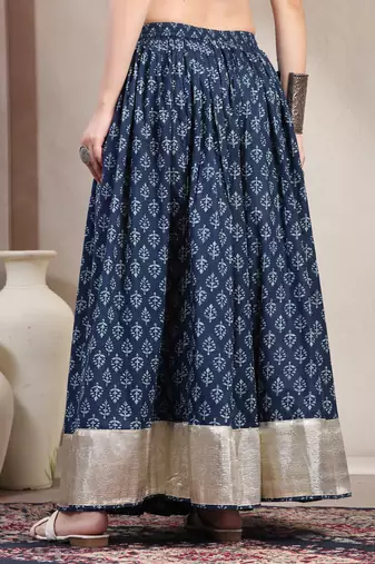 Blue floral printed cotton flared maxi skirt for women