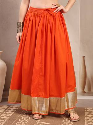 Orange plain cotton flared maxi skirt for women 2