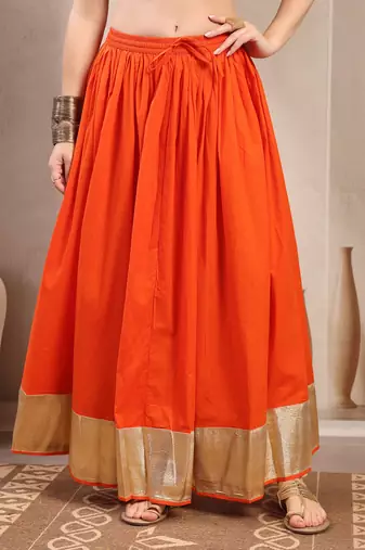 Orange plain cotton flared maxi skirt for women