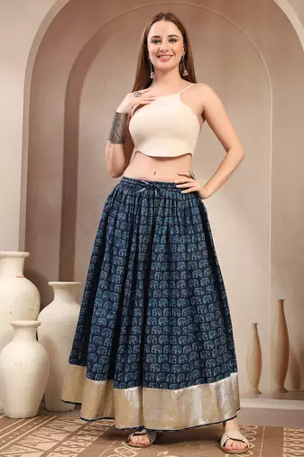 Blue graphic printed cotton flared maxi skirt for women
