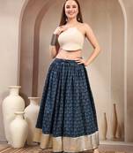 Blue graphic printed cotton flared maxi skirt for women