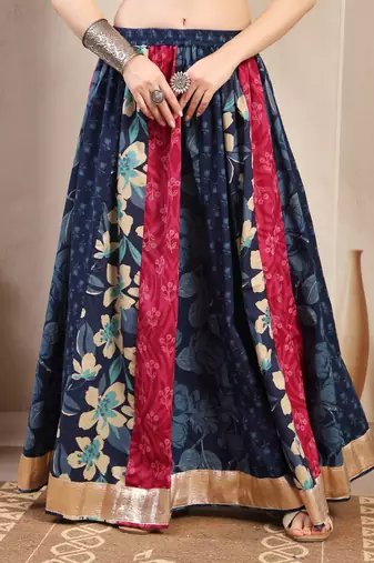 Multicolor color blocked cotton flared maxi skirt for women
