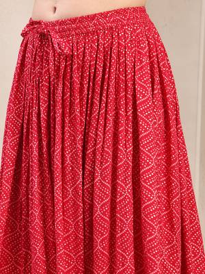 Red printed cotton flared maxi skirt for women 4
