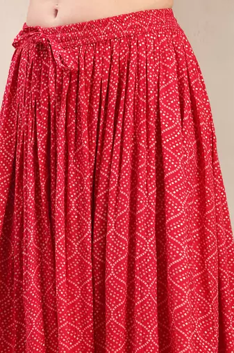 Red printed cotton flared maxi skirt for women