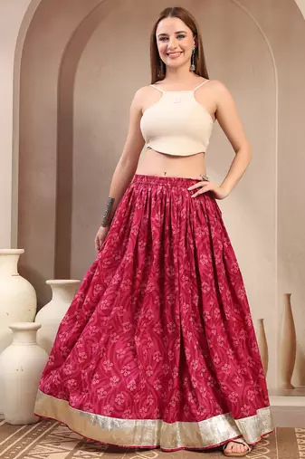 Red floral printed cotton flared maxi skirt for women