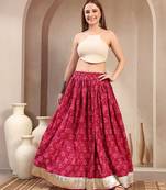 Red floral printed cotton flared maxi skirt for women