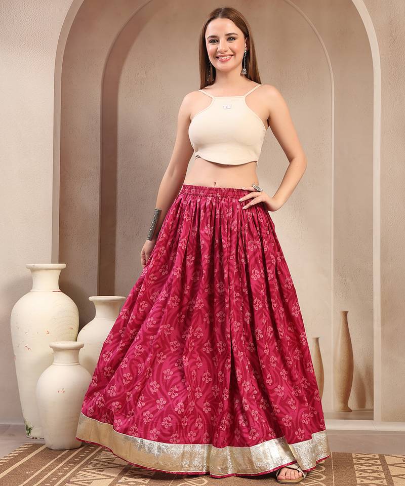 Red floral printed cotton flared maxi skirt for women