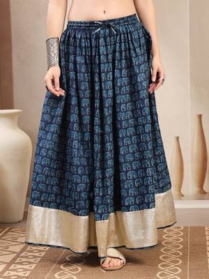 Blue graphic printed cotton flared maxi skirt for women 2