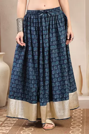 Blue graphic printed cotton flared maxi skirt for women