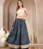 Blue floral printed cotton flared maxi skirt for women