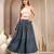 Blue floral printed cotton flared maxi skirt for women