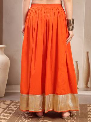 Orange plain cotton flared maxi skirt for women 3