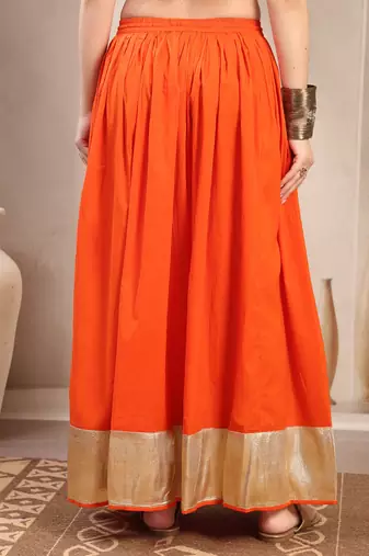 Orange plain cotton flared maxi skirt for women