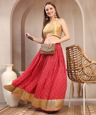 Red printed cotton flared maxi skirt for women 5