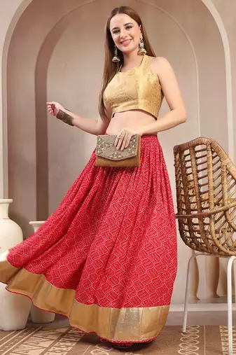 Red printed cotton flared maxi skirt for women
