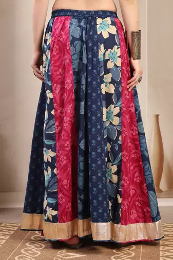 Multicolor color blocked cotton flared maxi skirt for women
