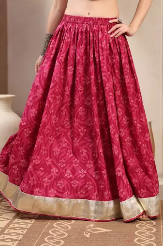 Red floral printed cotton flared maxi skirt for women