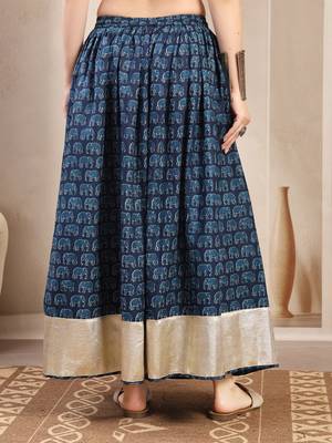 Blue graphic printed cotton flared maxi skirt for women 3